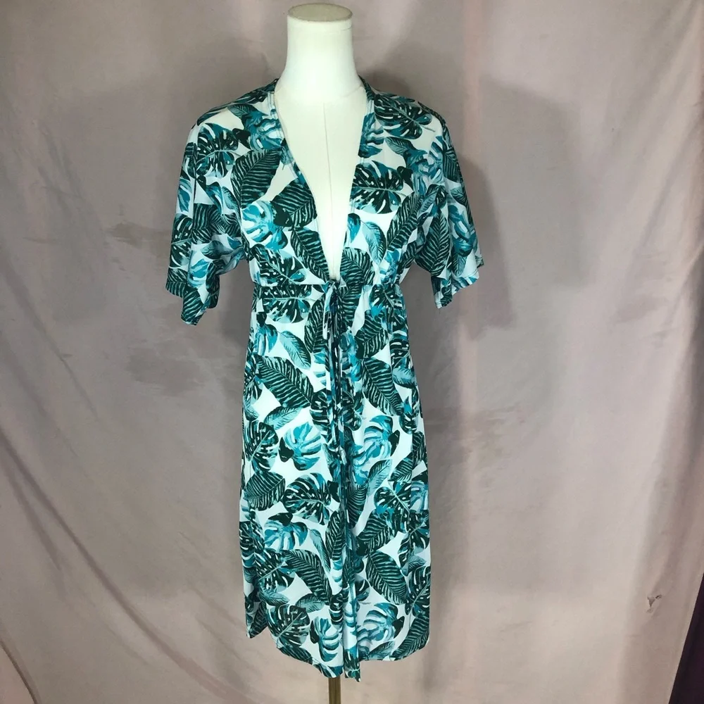 Swimsuit Cover-up Tropical Leaf Print Teal Tie-Front Size XS